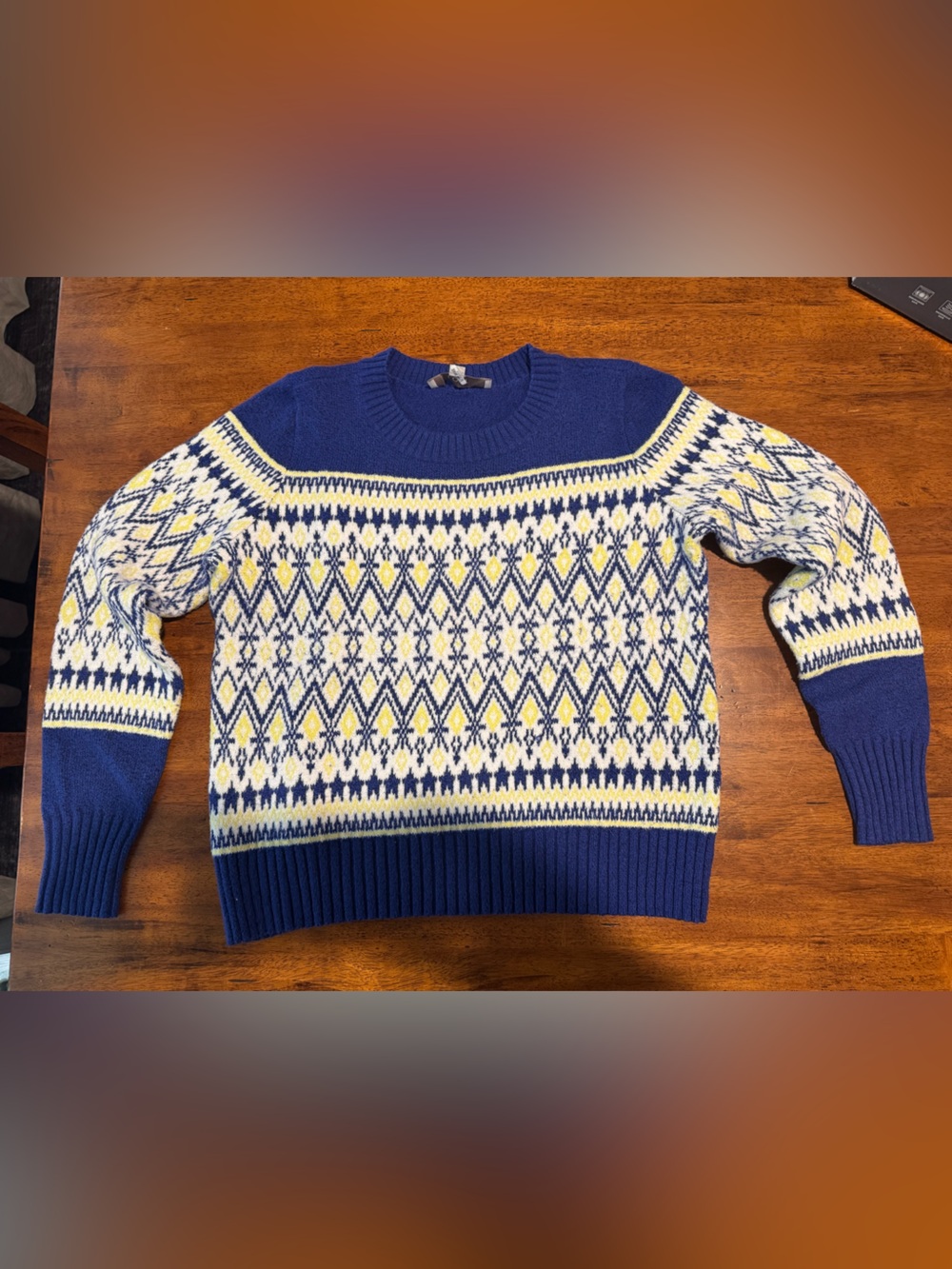 LOFT Blue, White & Yellow Fair Isle Crewneck Sweater